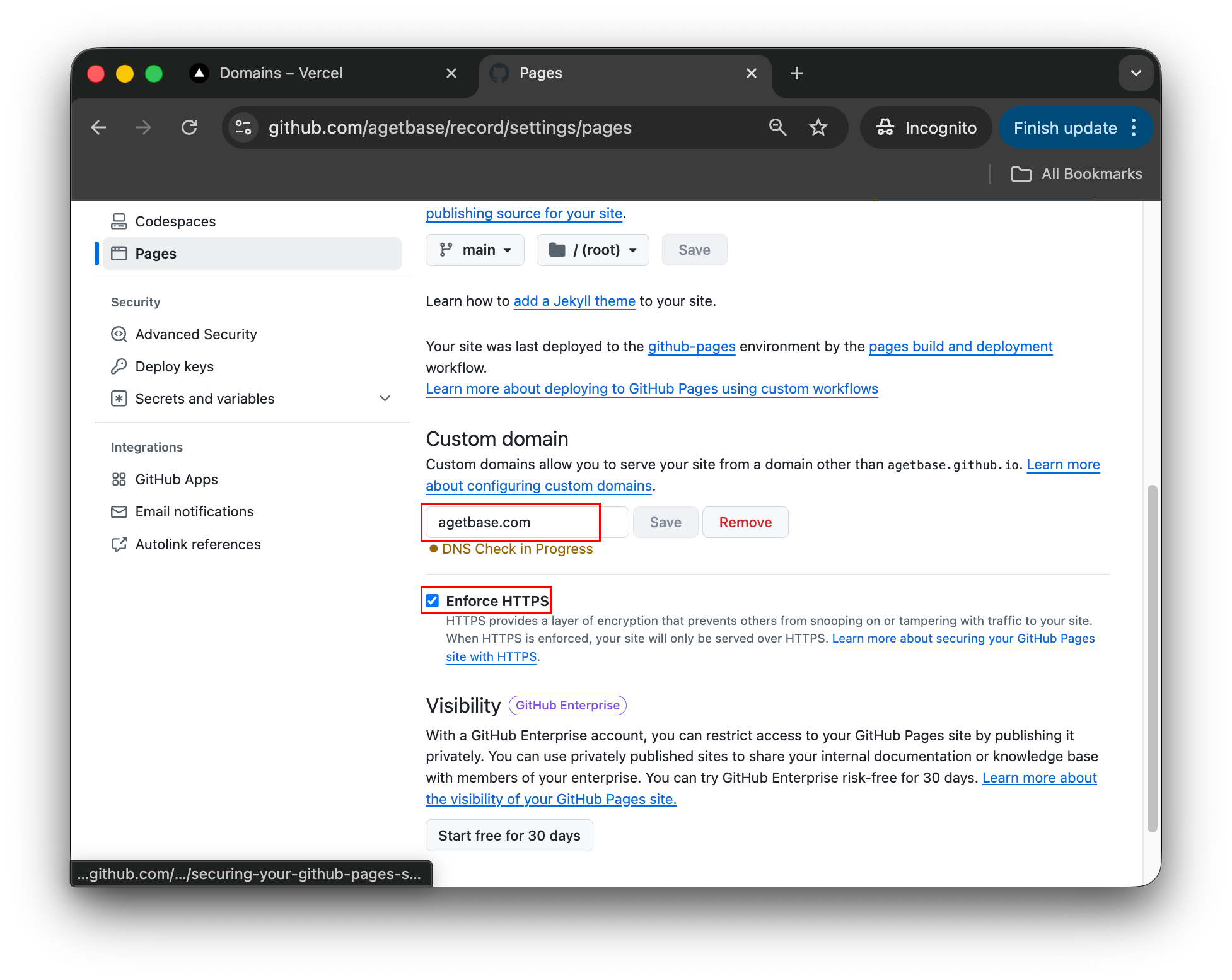 GitHub repo pages 메뉴 페이지