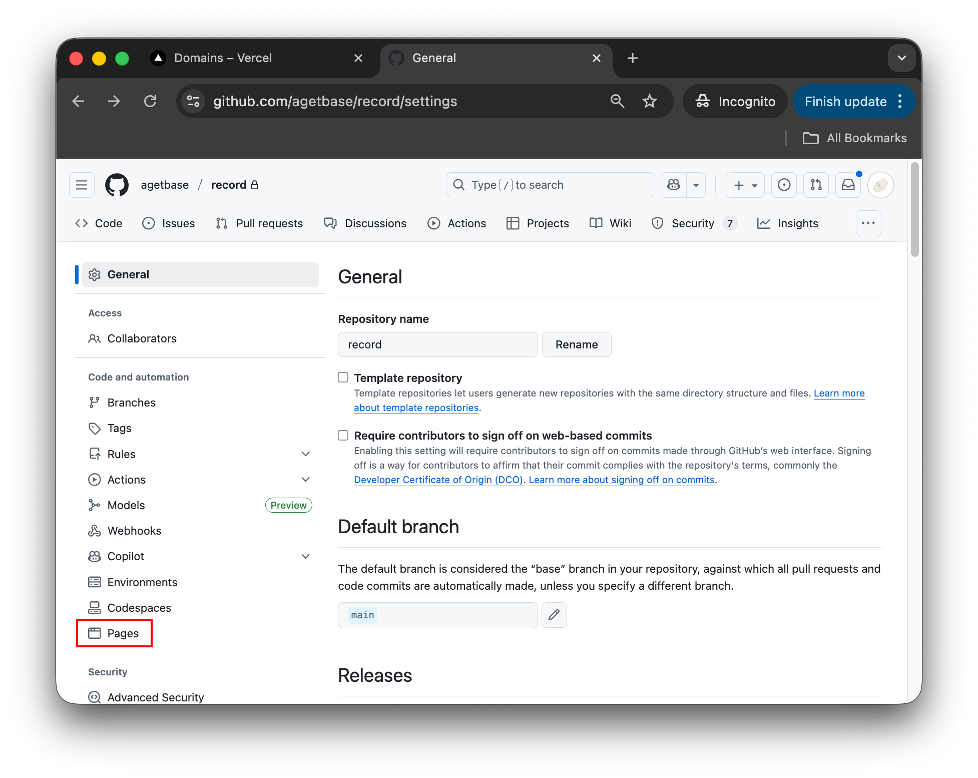 GitHub repo settings 페이지