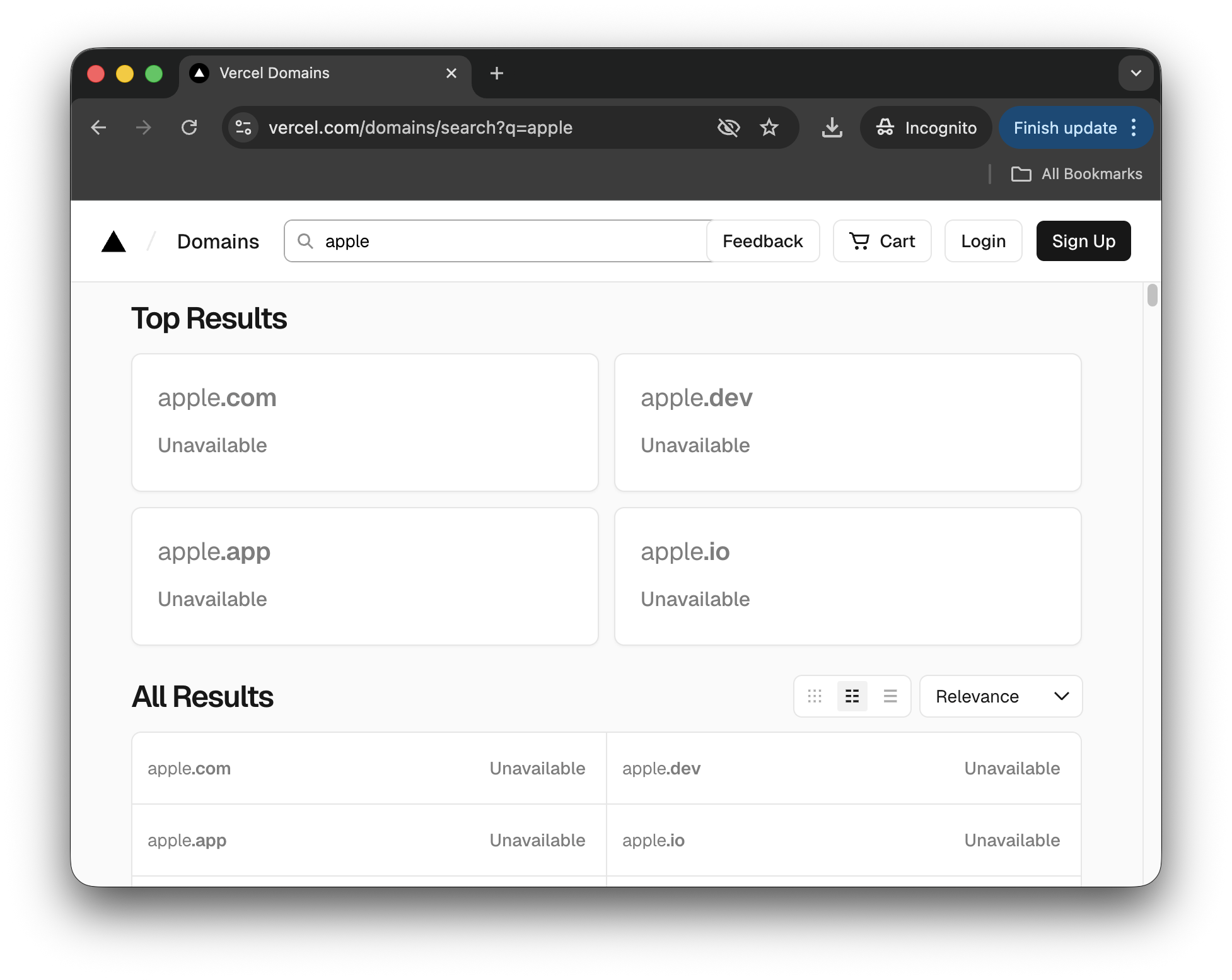 구매할 도메인 검색 결과 예시